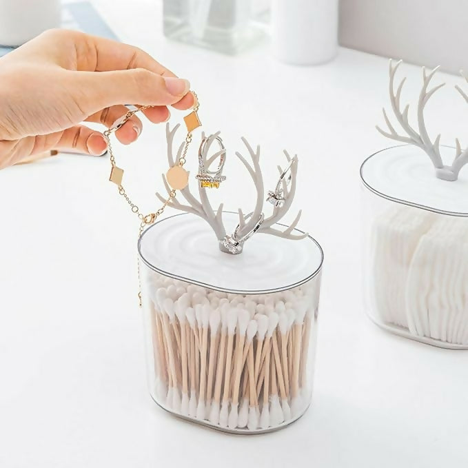 Pack of 1 Deer Antlers Cotton Swab Storage Box | Transparent Multi-Purpose Organizer Jar with Antler Lid for Cotton Buds, Pads, Makeup Accessories, Jewelry & Bathroom Storage | Cute Decorative Container for Home & Vanity