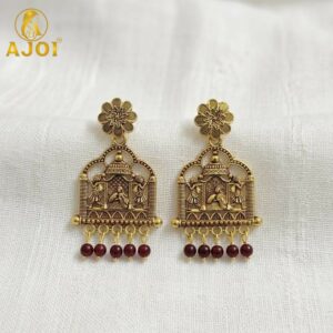 Antique Temple Doli Design Earrings with Maroon Pearl Drops for Ethnic Festive Wear
