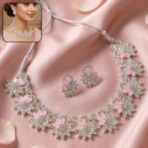 Elegant Pink Floral Necklace Set with Matching Earrings for Special Occasions