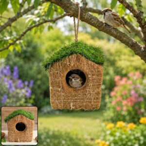Handmade Coir Bird House with Grass Roof for Outdoor & Garden