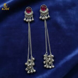 Ethnic Round Design Silver Plated Long Earrings with Ghungroo Drops