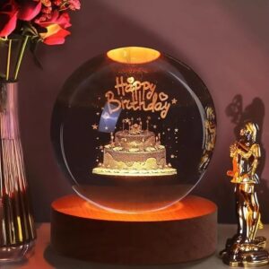 Premium 3D Happy Birthday Crystal Ball LED Night Lamp with Wooden Base