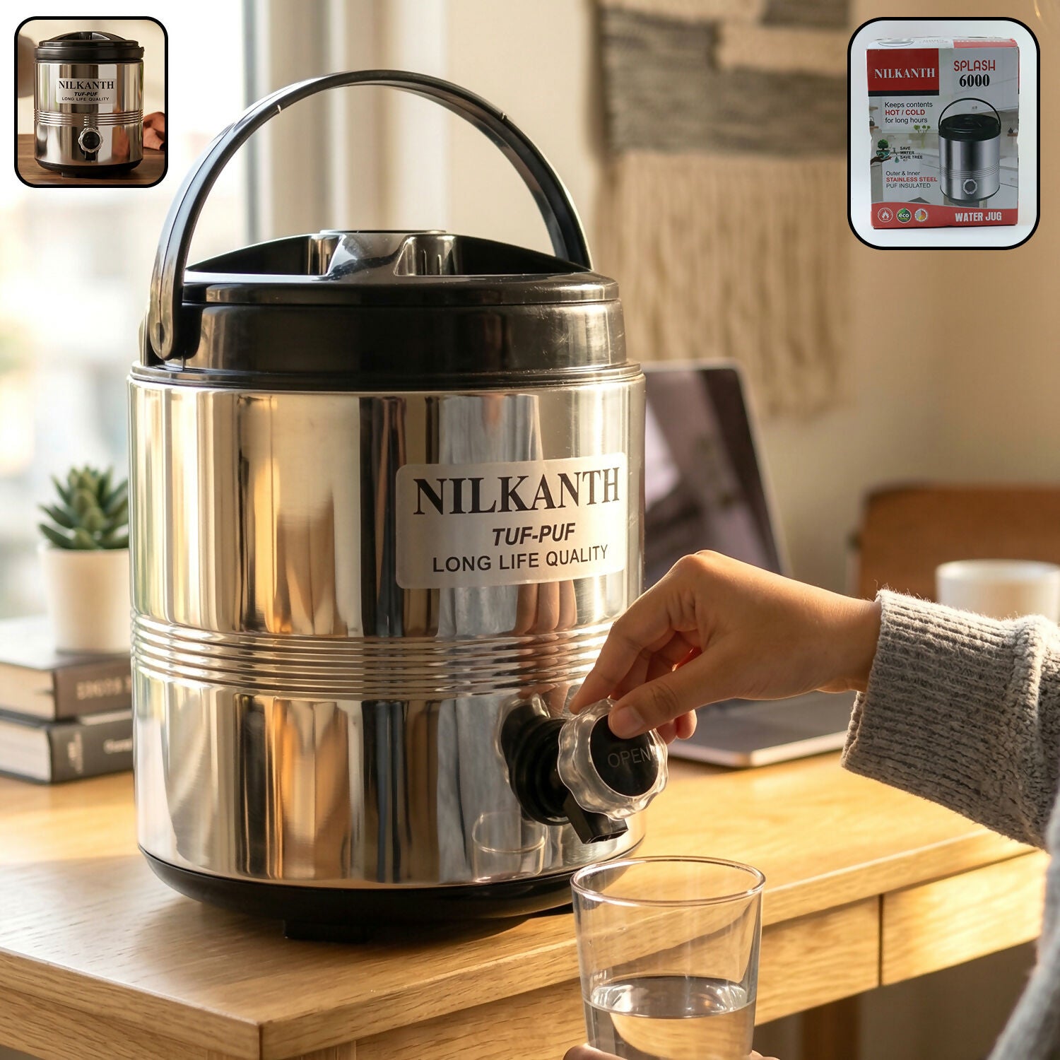 Stainless Steel Water Dispenser with Tap & Carry Handle – Hot and Cold Beverage Storage