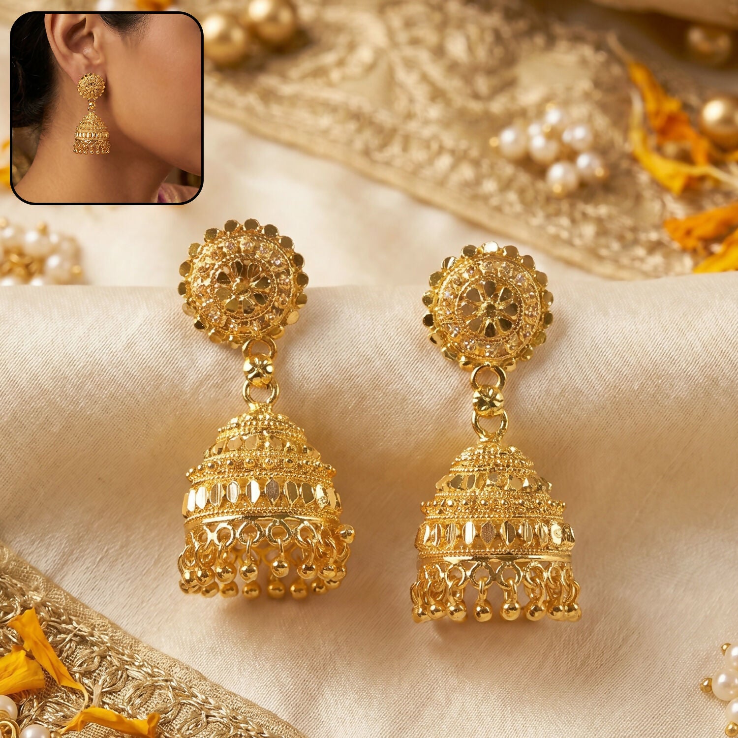Classic Gold Jhumka Earrings with Elegant Pearl Danglers for Wedding and Cultural Events