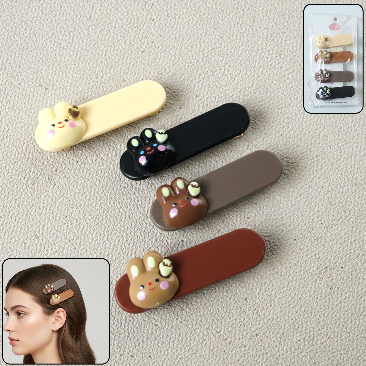 Cute Bunny Face Decorative Hair Clips Set (4 Pc)
