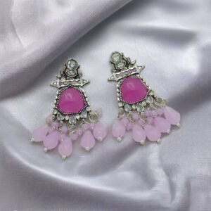 German Silver Oxidized Earrings with Fuchsia Stones & Pastel Drops