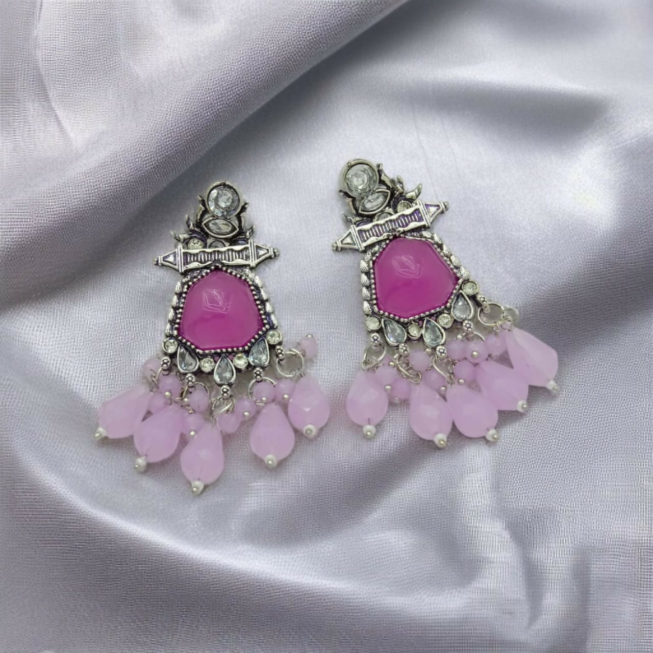 German Silver Oxidized Earrings with Fuchsia Stones & Pastel Drops