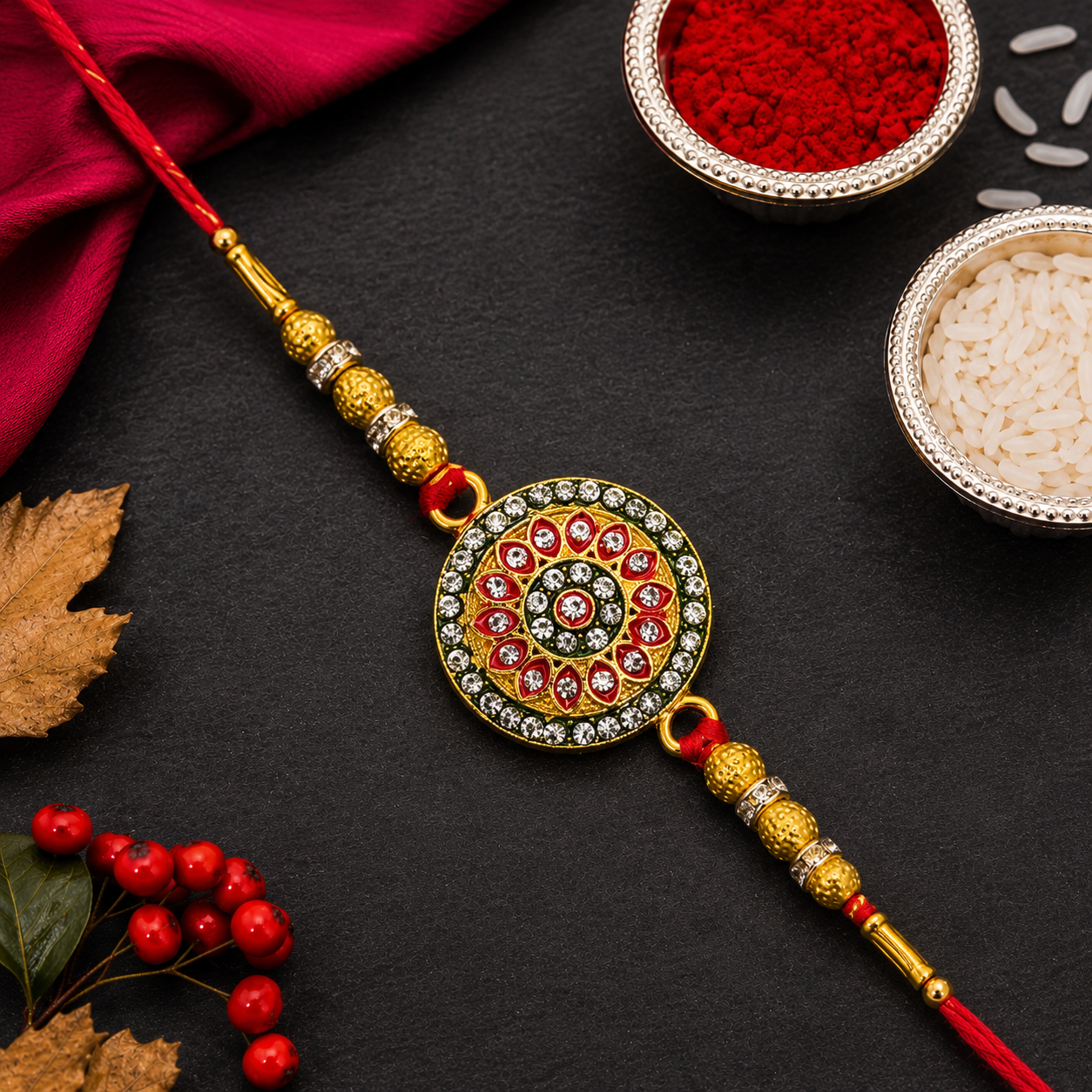 Royal Designer Rakhi with Kundan Centerpiece, Red & Green Enamel Work, and Golden Beads
