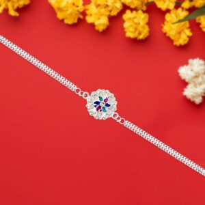 Elegant Silver Floral Rakhi with Enamel Detailing and Dual Chain Design