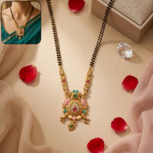 Antique Finish Sunburst Peacock Pendant with Ghungroo & Emerald Drop Double Strand Mangalsutra