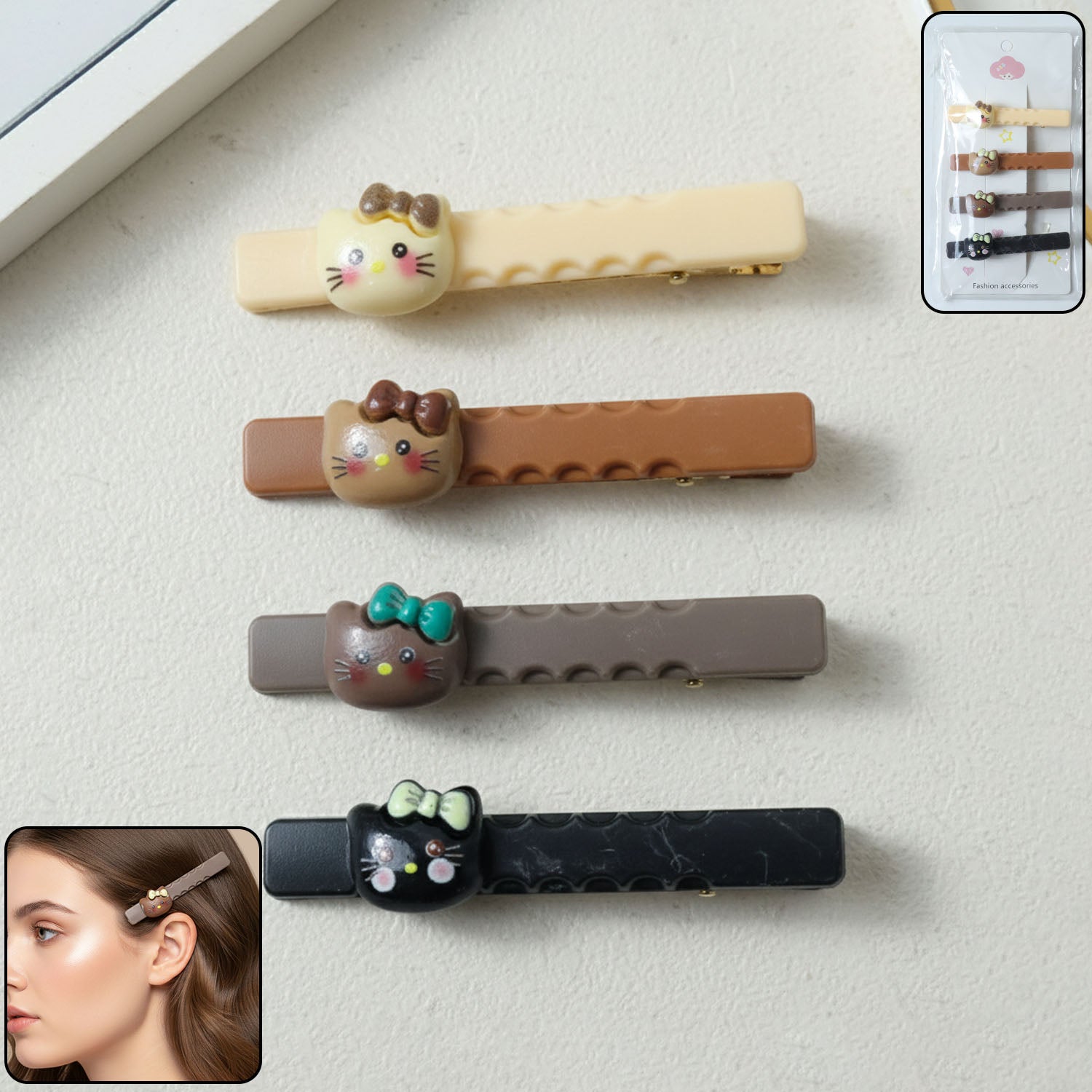 Cute Cartoon Cat Design Hair Clips Set (4 Pc)