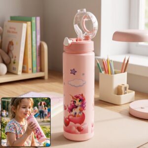 Cute Princess Printed Kids Water Bottle with Flip Top & Lid Straw