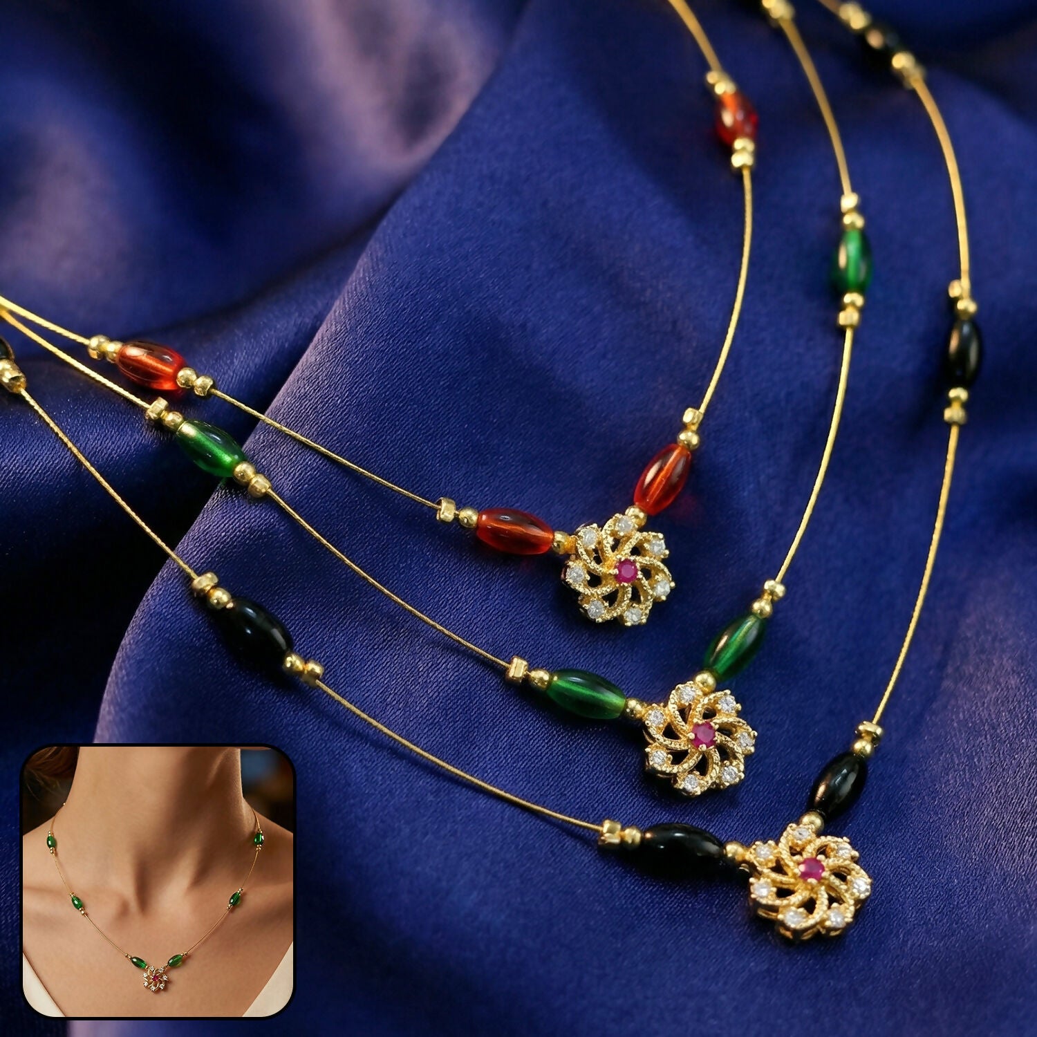 Floral Pendant Necklace with Multicolor Beads and Gemstone Design (3Pc/Set)