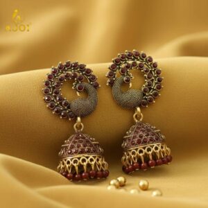 Royal Maroon Peacock Jhumka Earrings – Antique Gold Finish