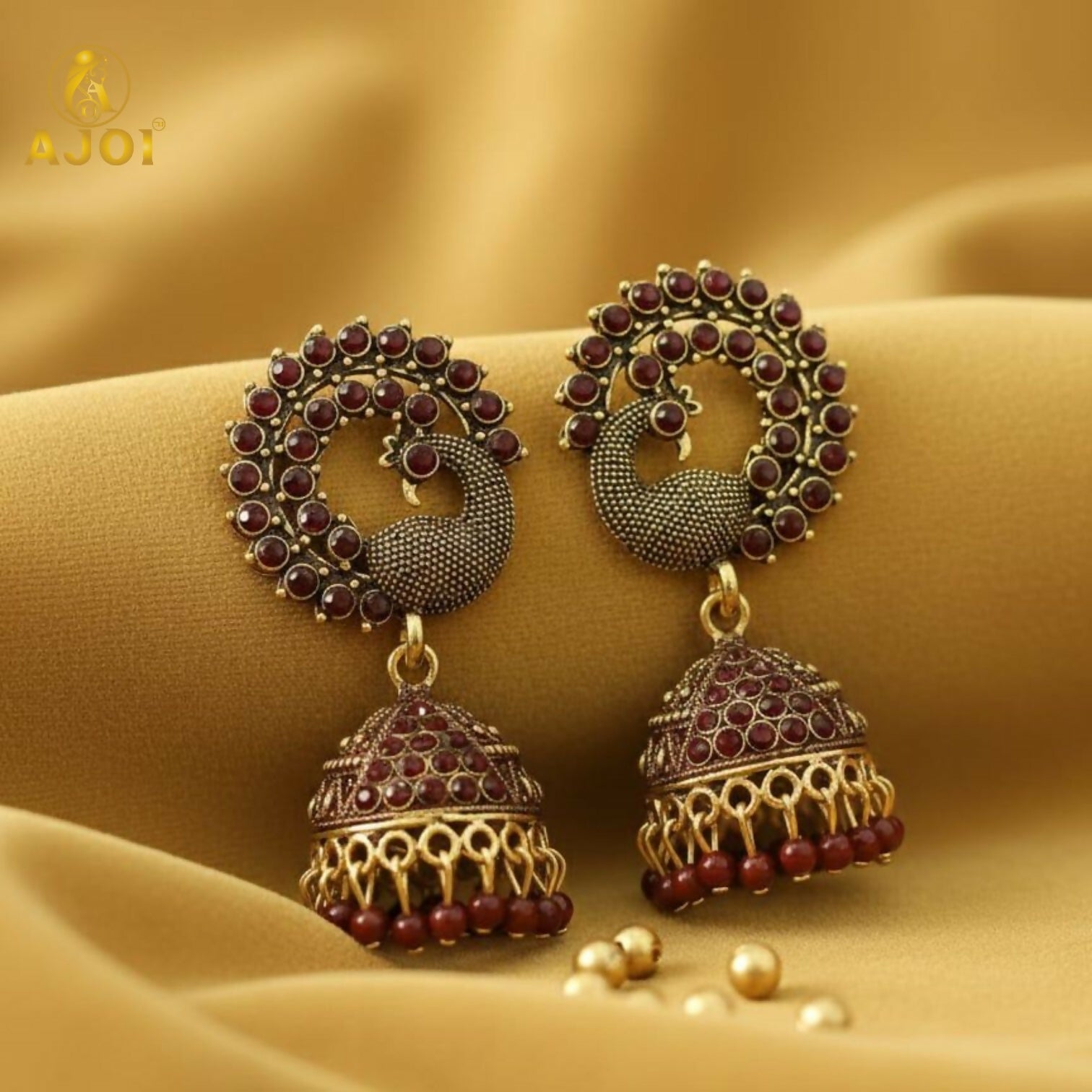 Royal Maroon Peacock Jhumka Earrings – Antique Gold Finish