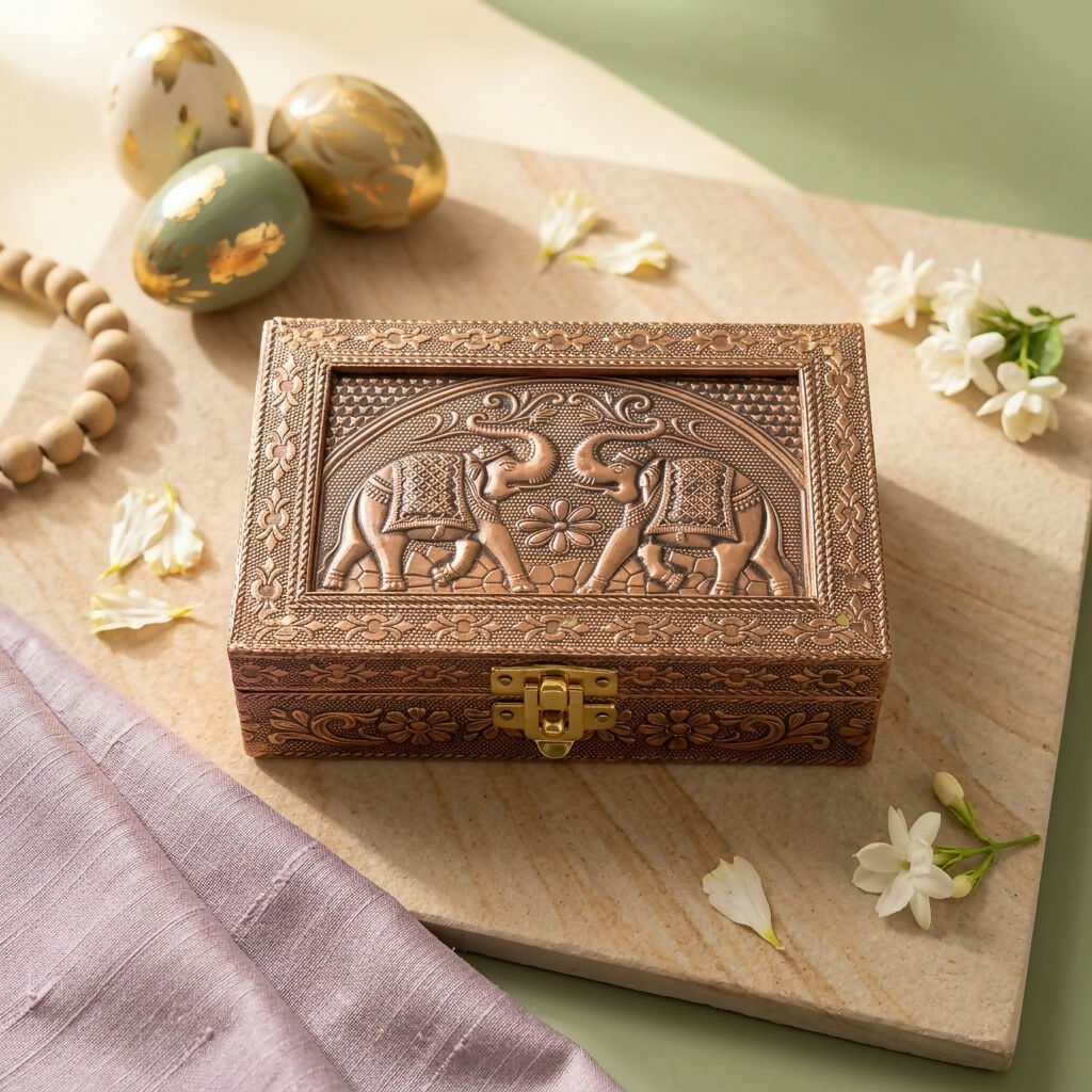 Handcrafted Copper-Finish Metal Jewelry Box with Embossed Elephant Motif