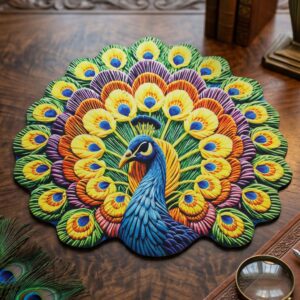 Peacock Design Round Floor Mat, 58x58 cm