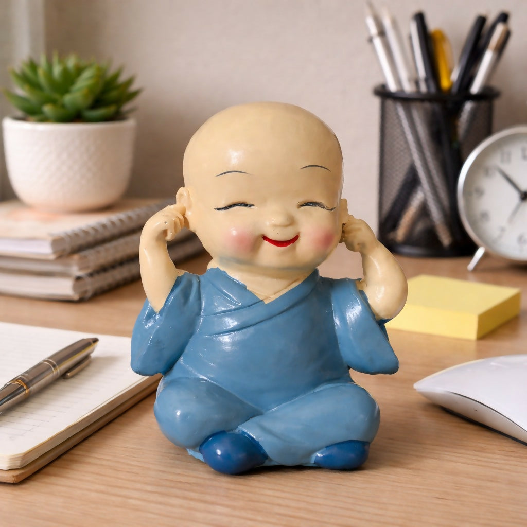 Cute Monk Covering Ears Showpiece Baby Figurine for Desk Decor