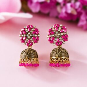 Antique Golden Jhumka Earrings with Pink Stone Floral Top