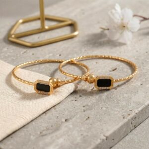 Gold Plated Black Stone Designer Open Bangle Bracelet for Women