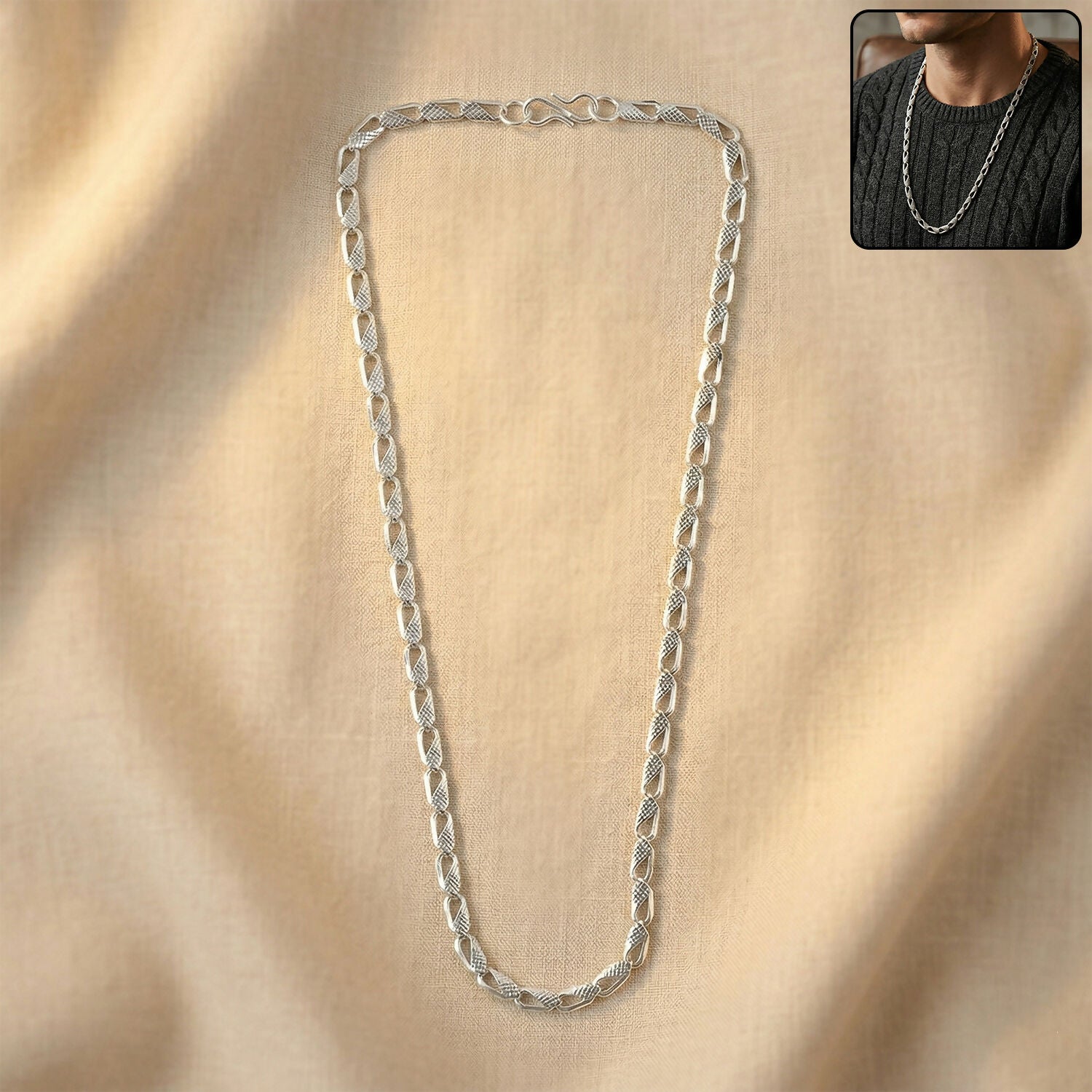 Elegant Silver Tone Textured Chain Necklace for Men & Women