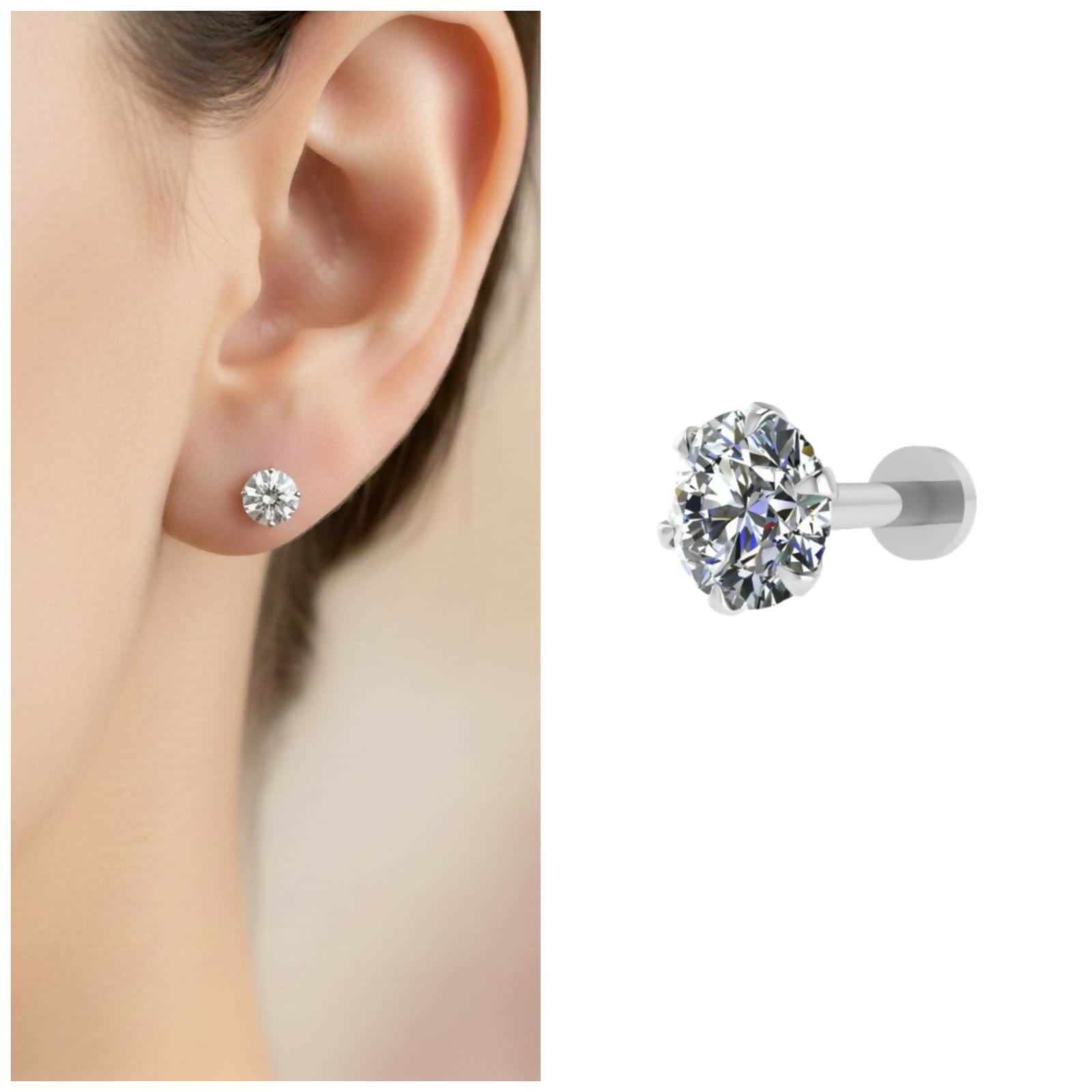 Silver Plated Round AD Solitaire Flat Back Stud Earrings for women and girls