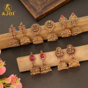 Traditional Antique Gold-Plated Temple Jhumka Earrings Combo Set for Women & Girls (Set of 5)