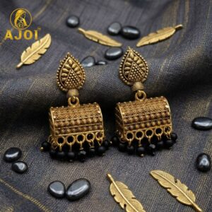 Antique Gold-Plated Leaf Design Jhumka Earrings with Black Bead Drops
