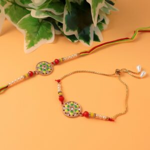 Designer Rakhi Bracelet Combo – Traditional Beaded Rakhi and Adjustable Bracelet with Pearl Accents for Brother & Bhabhi