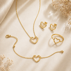 Women Anti Tarnish Gold Heart Jewellery Set Combo | Necklace, Earrings, Bracelet & Ring | Waterproof Korean Stylish Jewellery
