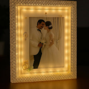 Premium LED Crystal Wedding Photo Frame with 3D Ring Decor for Bedroom Decoration
