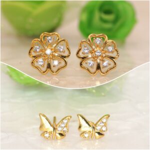 Gold Flower & Butterfly Stud Earrings Set with AD for women & girls Combo Pack of 2