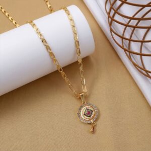 Gold Pendant Necklace with Colorful Mandala & Stone Border