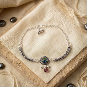 Peacock Stone Silver Charm Bracelet with Adjustable Chain for Women