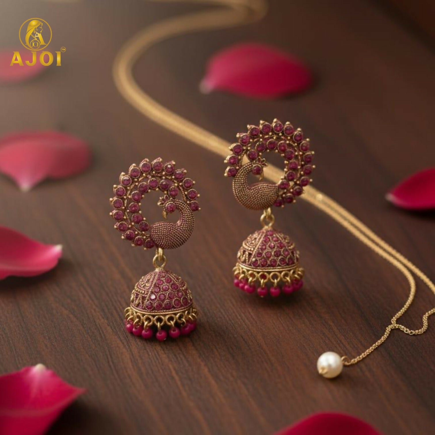 Peacock Motif Ruby-Tone Jhumka Earrings in Antique Gold Finish