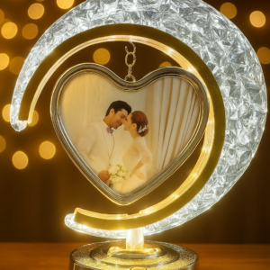 Crescent Moon LED Table Lamp with Hanging Heart-Shaped Rotating Photo Frame – Crystal-Textured Decorative Light for Bedroom or Living Room – Personalized Gift for Couples, Wedding, Anniversary & Valentine’s Day