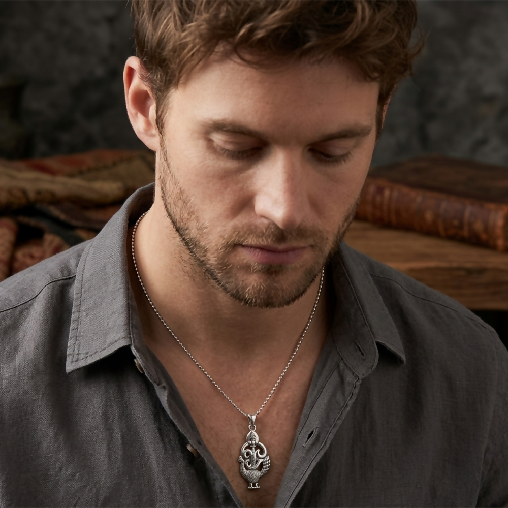 Silver-Plated Peacock Design Pendant Chain for Men Stylish Ethnic Necklace