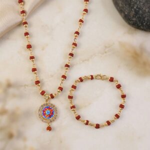 Rudraksha Necklace & Bracelet Set with Colorful Pendant