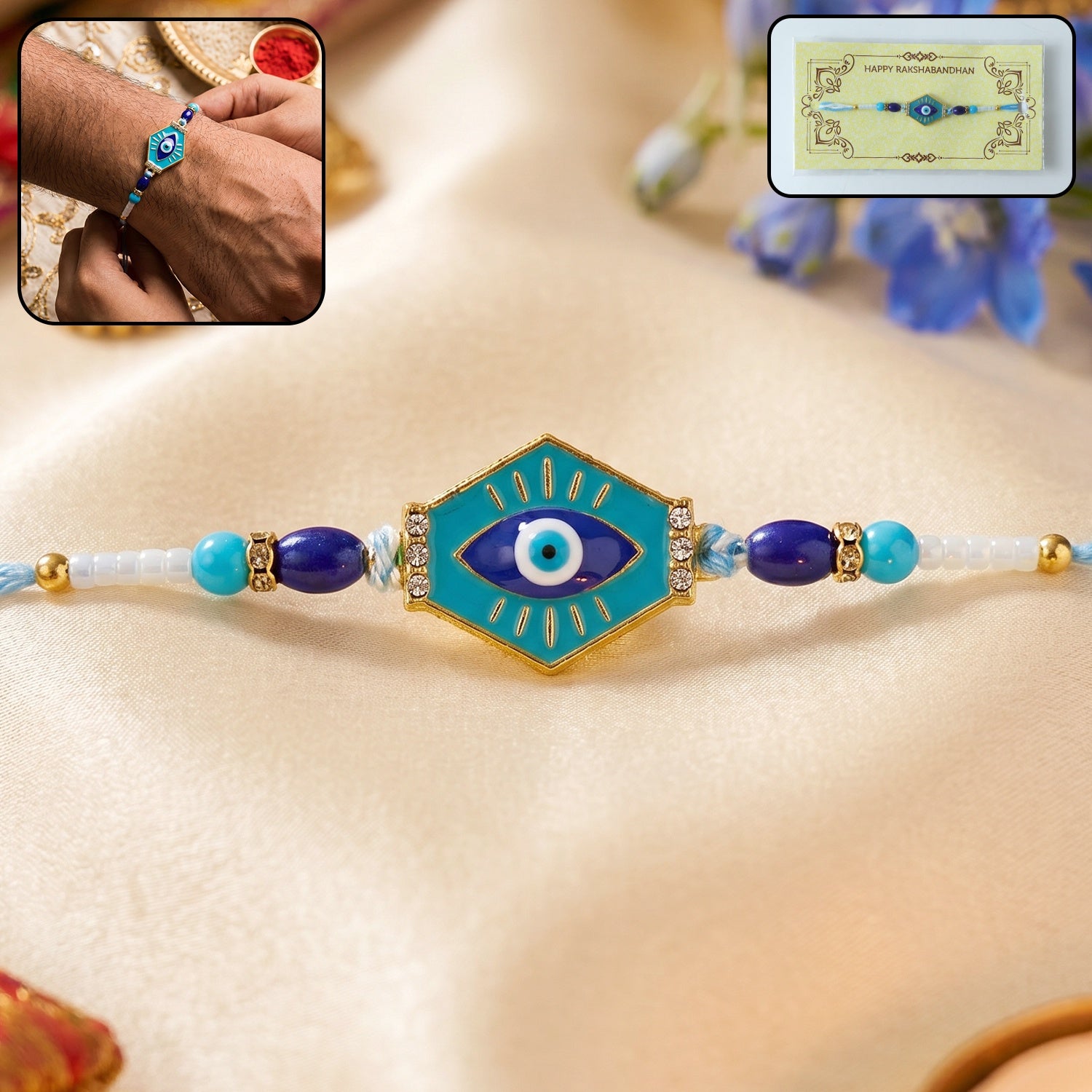 Turquoise Evil Eye Hexagon Designer Rakhi