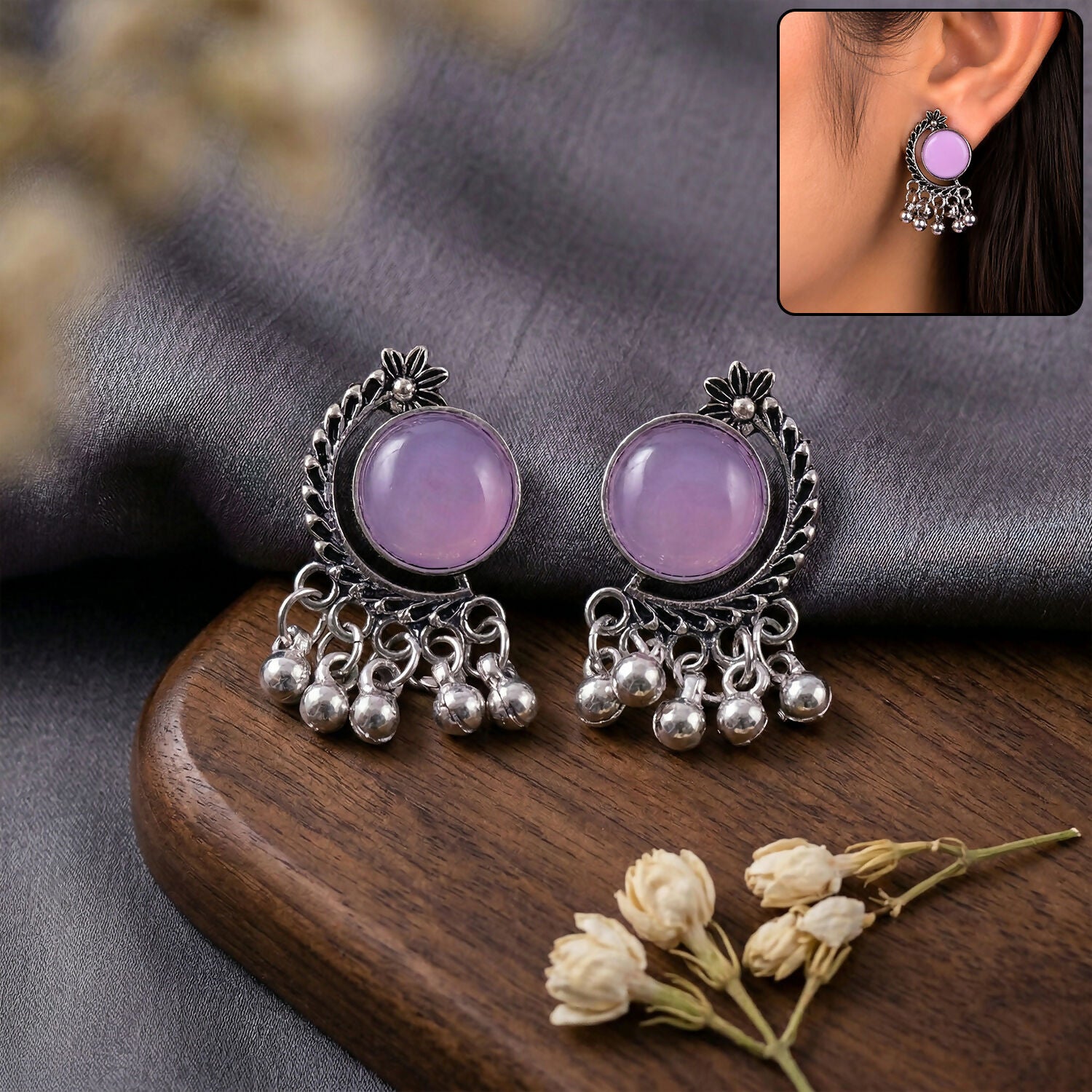 Oxidized Silver Lavender Stone Earrings | Ethnic Antique Jewelry | Women’s Fashion Drops