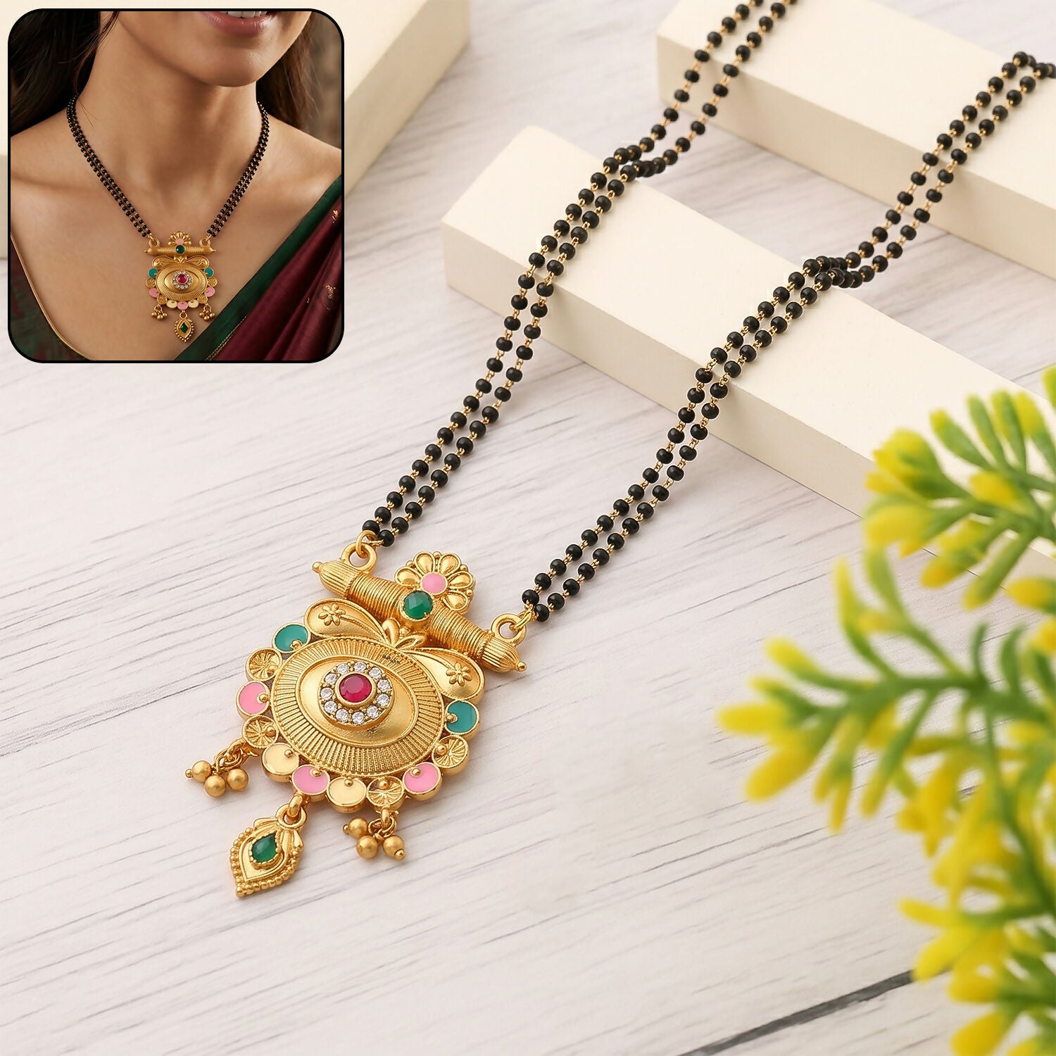 Antique Finish Shiva Linga Inspired Cylinder Pendant Double Strand Mangalsutra