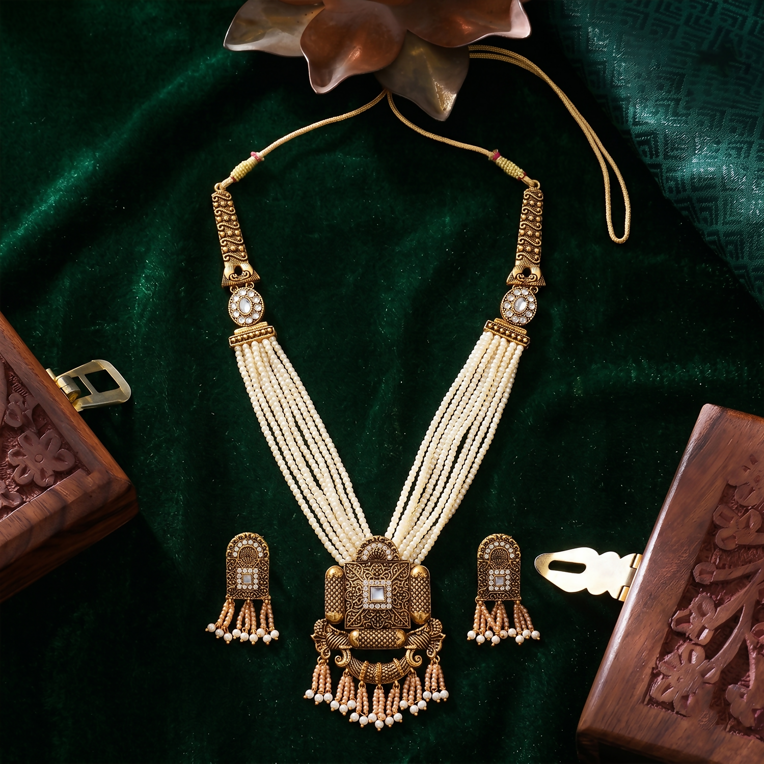 Royal Gold and Pearl Necklace Set with Detailed Pendant and Earrings for Traditional Wear