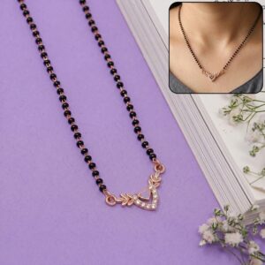 Rose Gold Finish Heart & Wheat Leaf V-Drop CZ Pendant Mangalsutra