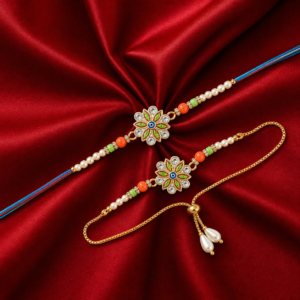 Floral Bhaiya Bhabhi Rakhi Set with Pearl Drop Lumba – 1 Pair Designer Rakhi Gift Pack