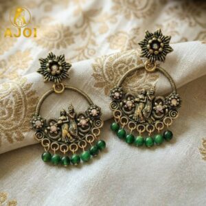 Antique Green Bead Radha Krishna Chandbali Ethnic Earrings for Women & Girls