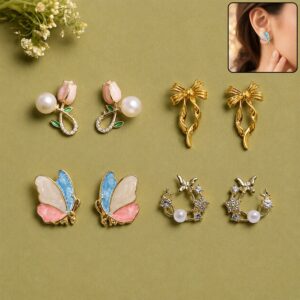 Designer Butterfly Floral Pearl Stud Earrings for Women & Girls (4 Pair)