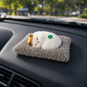 Sleeping White Cat Plush Toy with Cushion for Dashboard Decor