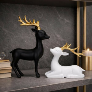 Black and White Deer Showpiece Set with Golden Antlers for Home Decor