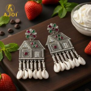 Oxidized Silver House-Shaped Earrings with Multicolor Stones & Shell Danglers