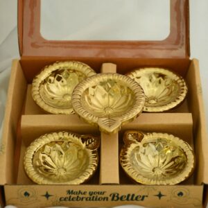 Floral Embossed Decorative Ceramic Diya with Gold PVD Plating & Glossy Metallic Finish (4 Pc)